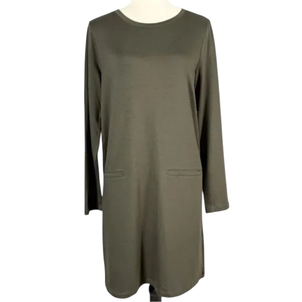 Eileen Fisher Dark Green T-shirt Jersey Dress Pocket Casual Comfort Size Large